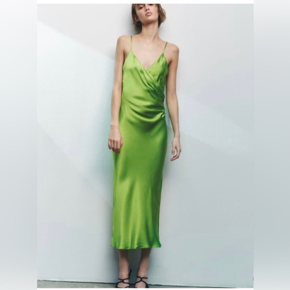 Zara Dresses Zara Lime Green Satin Draped Slit Midi Dress Poshmark